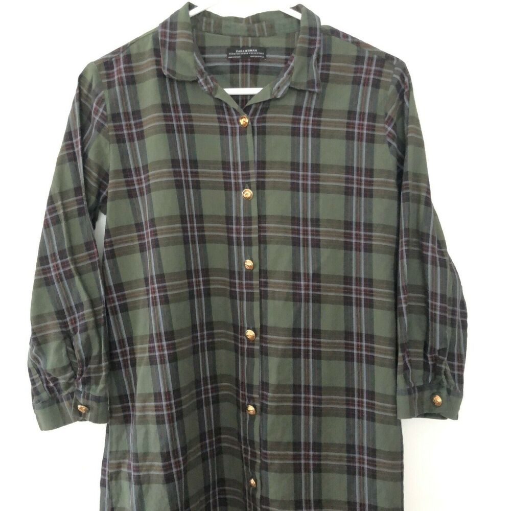 Zara Womens 3/4 Sleeve Button Front Collared Plaid Dress Green S Small - Picture 2 of 9